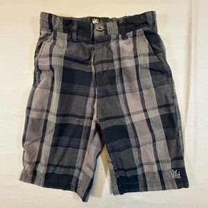 Micros Boys Plaid Shorts Size 8 Black Grey Adjustable Waist Flat Front 2092